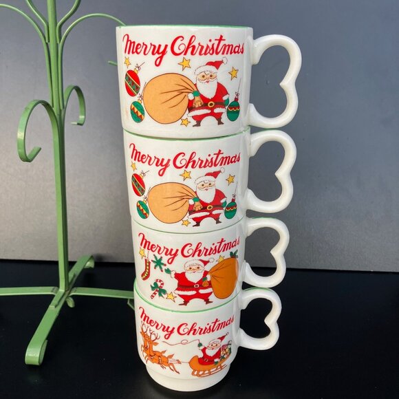 Homco Merry Christmas Santa Stacking Mugs With Metal Mug Stand - Set of 4 - Picture 2 of 12